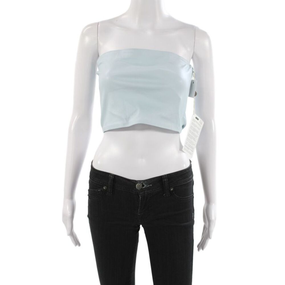 SPRWMN Womens Cropped Leather Off Shoulder Tank Blue Zip Sleeveless Size M